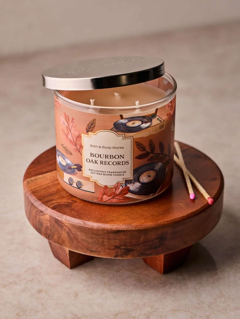 Bath & Body Works Record Player Candle Holder & Bourbon Oak Records Candle Set